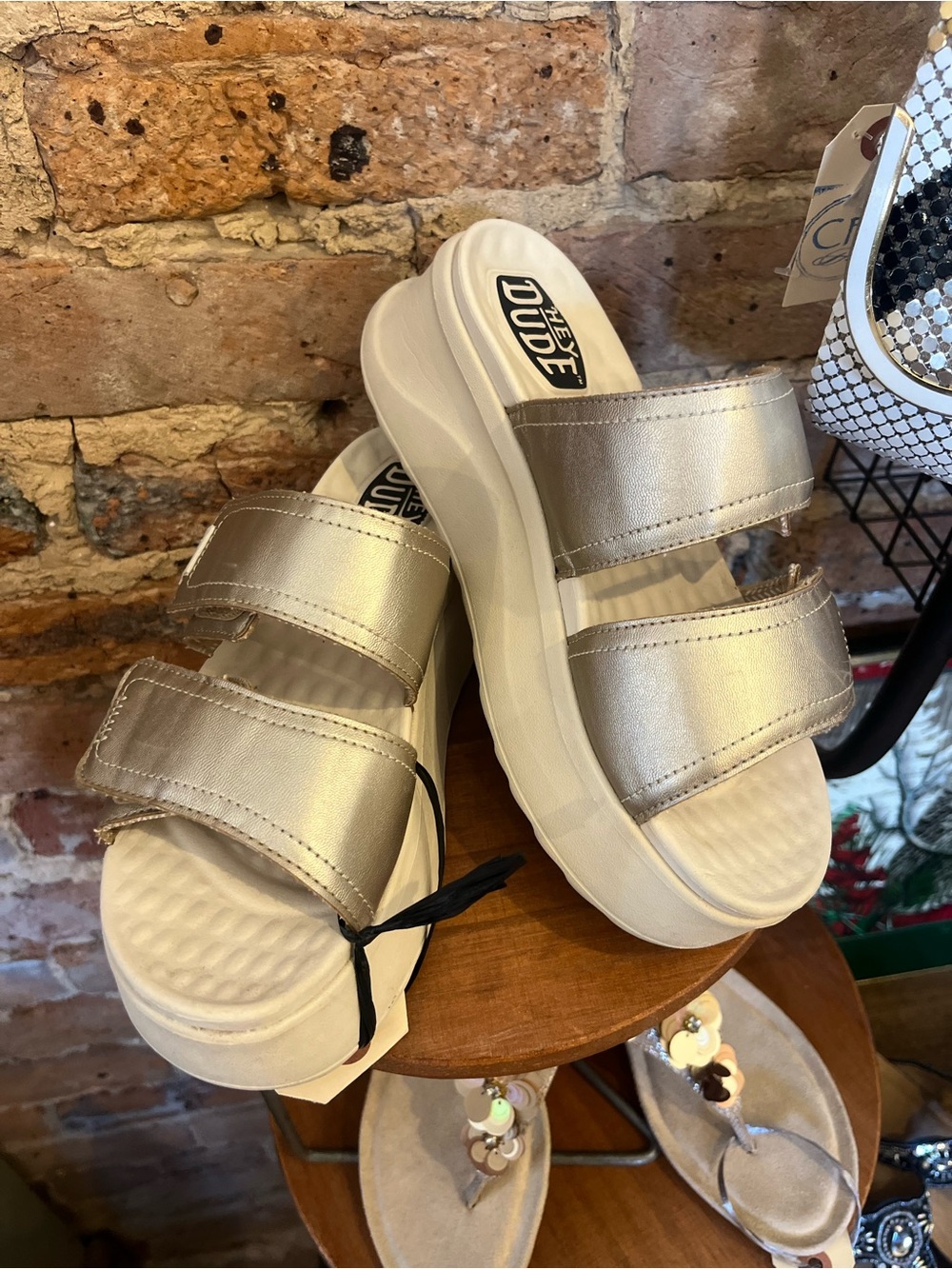 Hey Dude Metallic Champagne Double-Strap Platform Sandals
